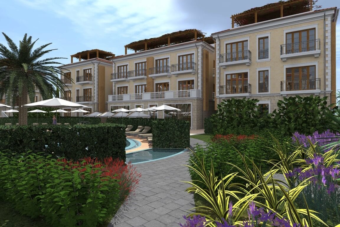 Visualization of a residential complex with a pool and landscaping in Risan, Montenegro: view of modern apartments.