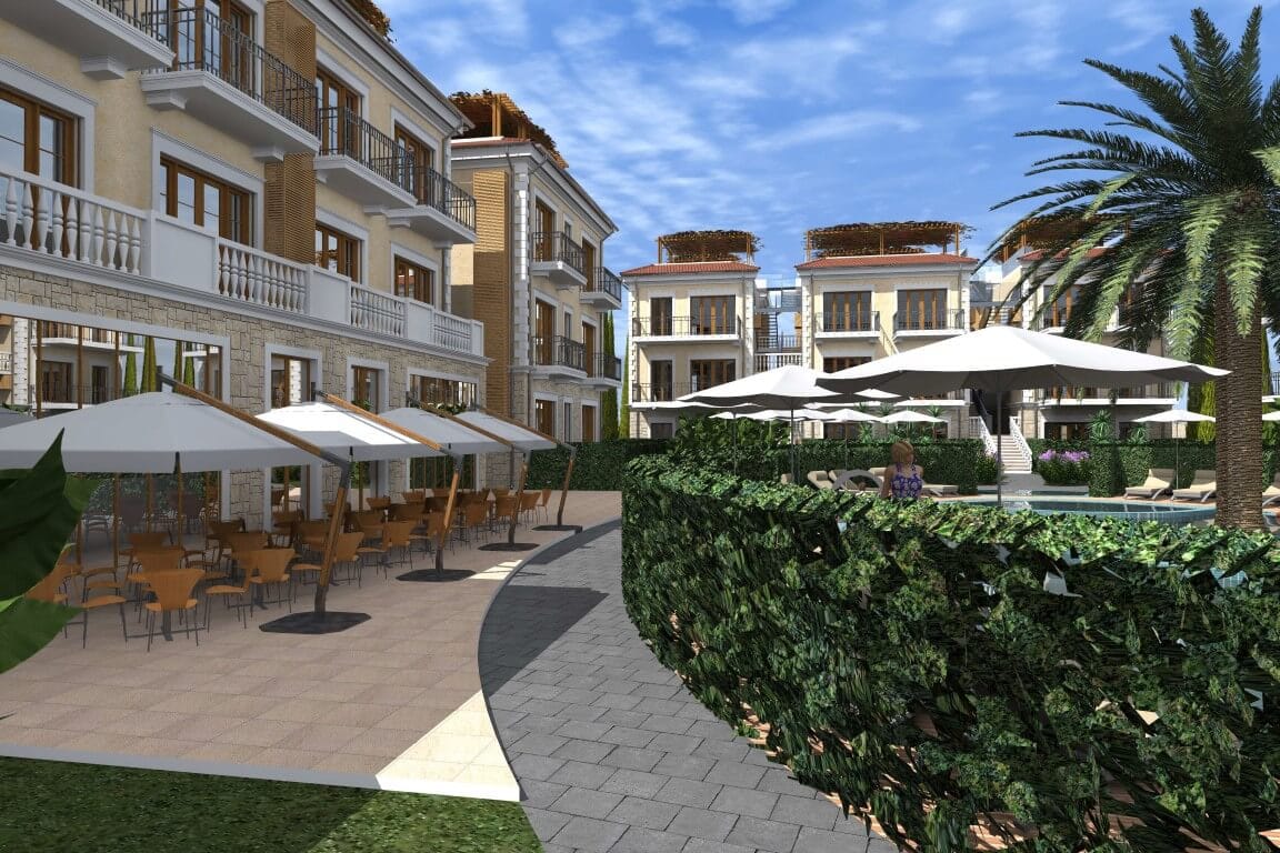 Visualization of a residential complex with a pool, terrace, and palm trees in Risan, Montenegro: modern building architecture.