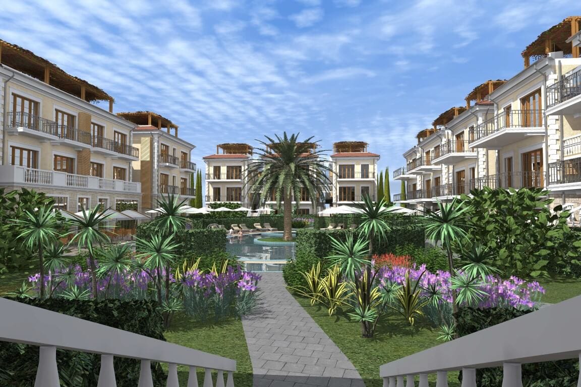 Visualization of a residential complex with a pool, palm trees, and a garden in Risan, Montenegro: view of modern apartments.
