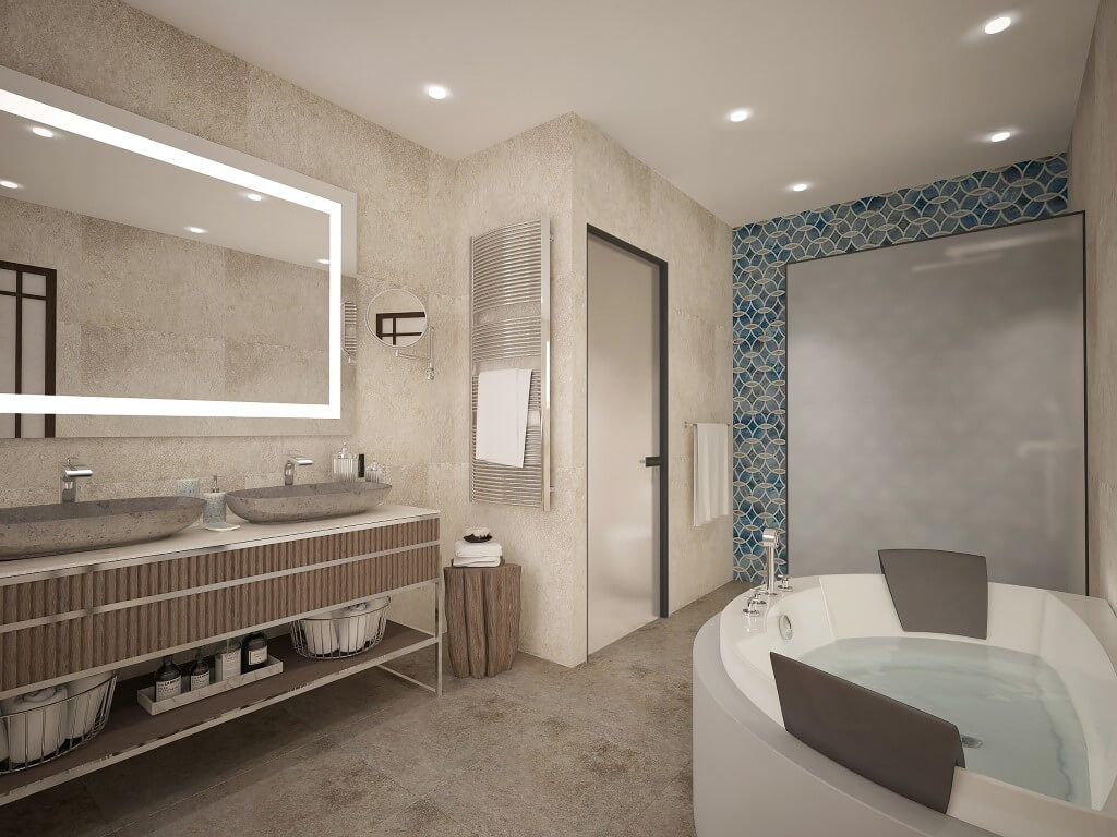 Modern bathroom with a round bathtub and double sink in a villa in Reževići, Montenegro. Designer finish.