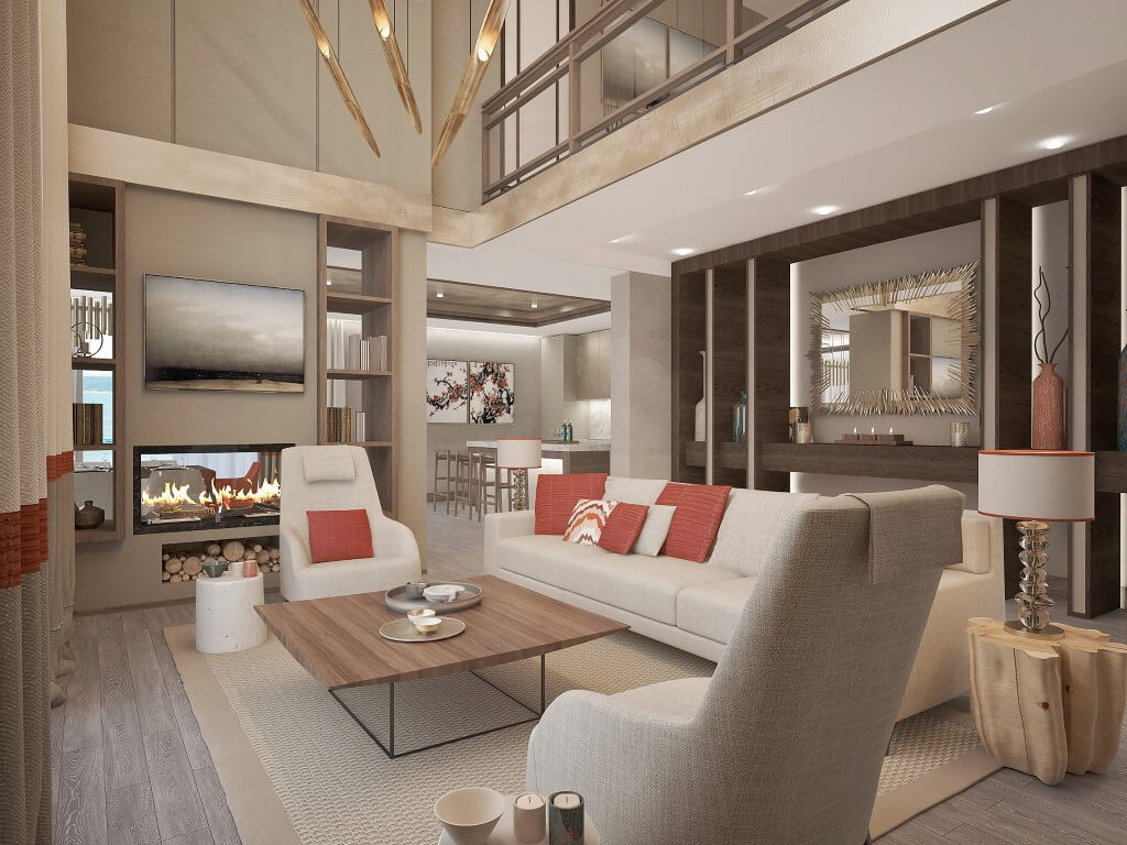 Living room interior with a fireplace and double-height ceiling in a villa in Reževići, Montenegro: modern furniture and stylish decor.