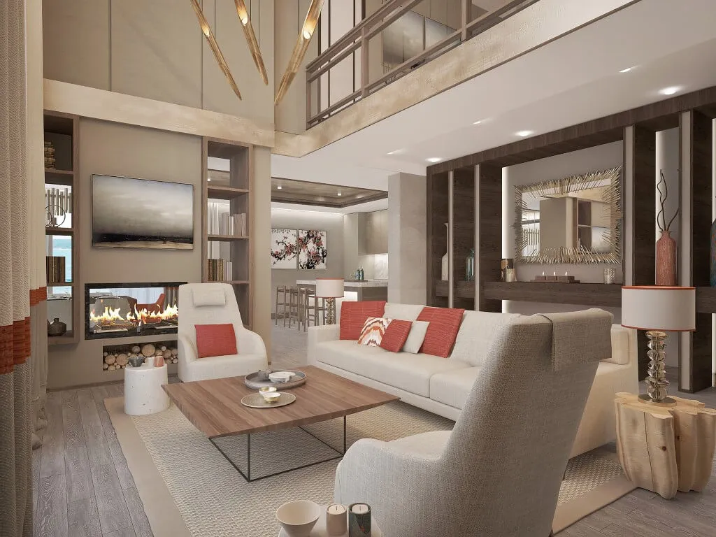 Modern living room featuring a sofa, armchairs, coffee table, and built-in fireplace beneath a TV.