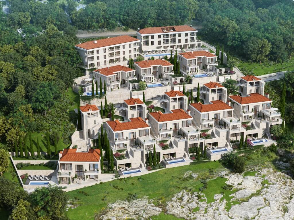 Luxury residential complex with villas and pools in Reževići, Montenegro: aerial view of the architecture and landscaping.