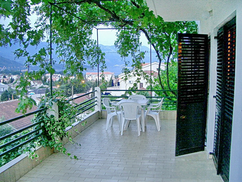 Hotel terrace in Budva, Montenegro: sea, mountain, and city views, plastic furniture, grapevine canopy.
