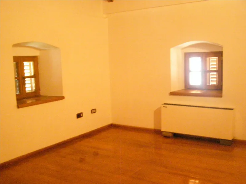 Empty room with wooden flooring, two arched windows, and a white wall-mounted heater unit.
