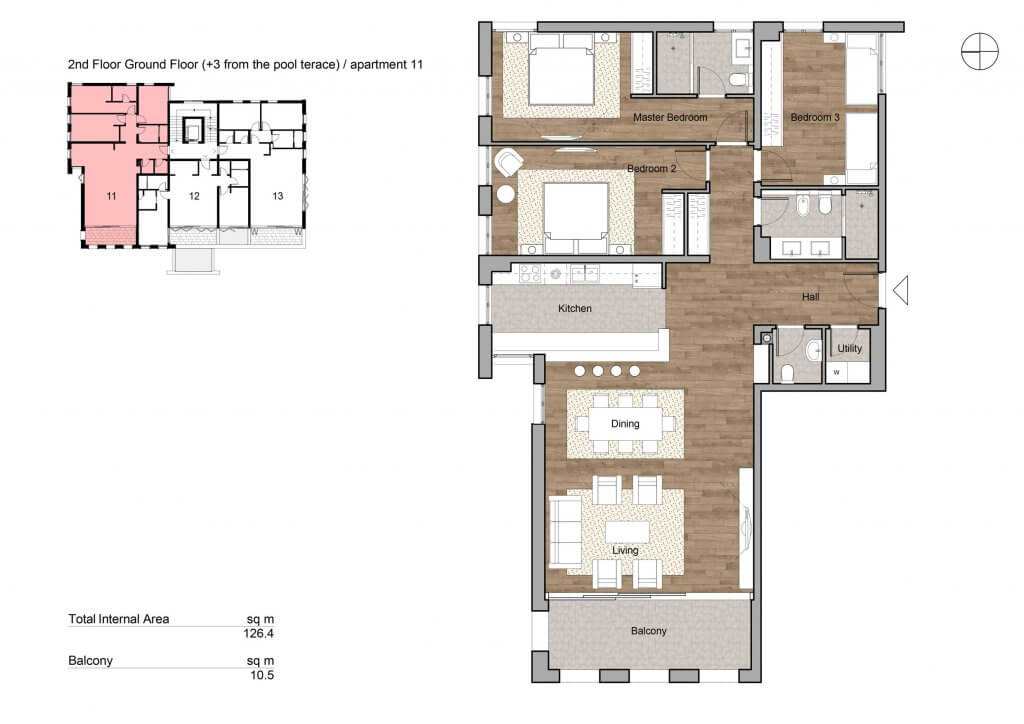 Floor plan of a 126 m² apartment with three bedrooms, a kitchen, and a balcony in a residential complex in Tivat, Montenegro.