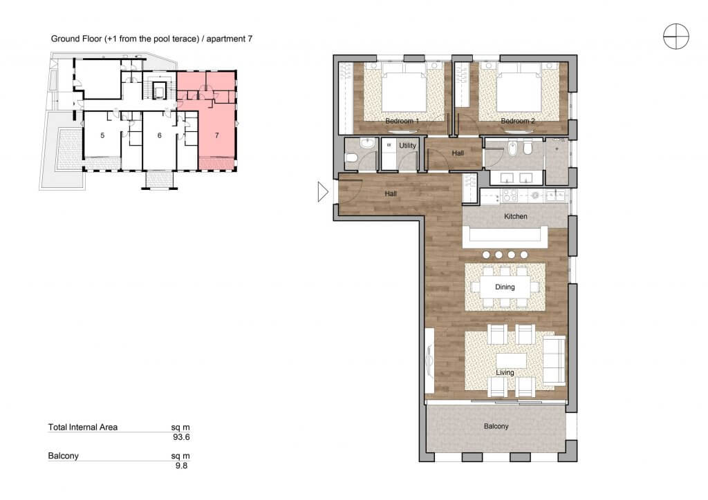Layout of a 93.6 m² apartment with two bedrooms, a living room, and a balcony in a residential complex in Tivat, Montenegro.