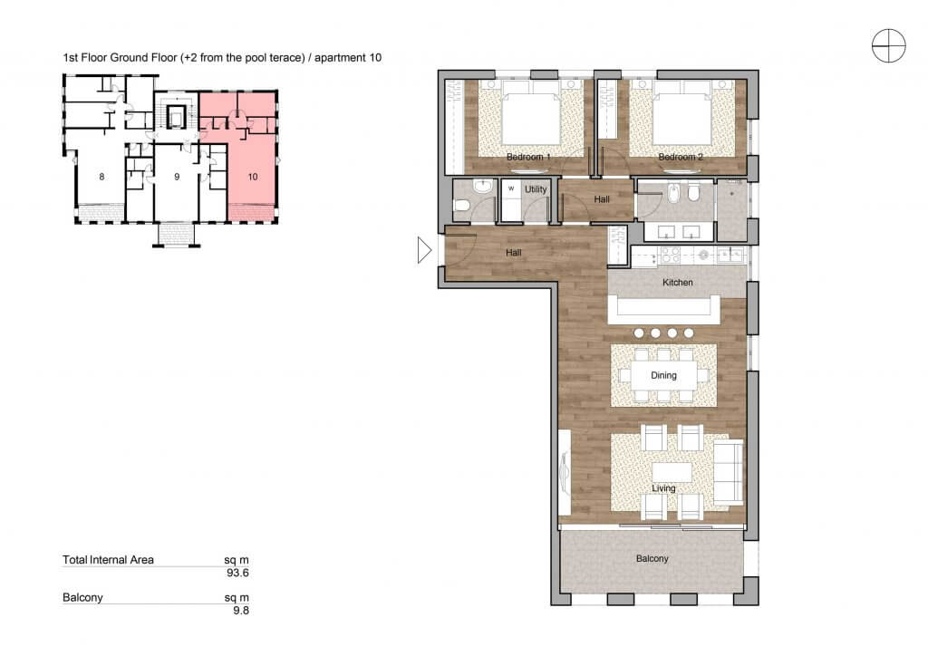 Apartment layout of 93.6 m² with two bedrooms, a living room, and a balcony in a residential complex in Tivat, Montenegro.