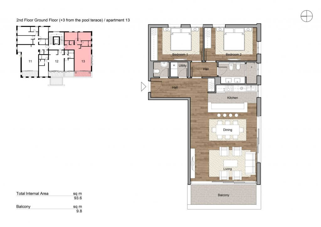 Layout of a 93.6 m² apartment with two bedrooms, a living room, and a balcony in a residential complex in Tivat, Montenegro.