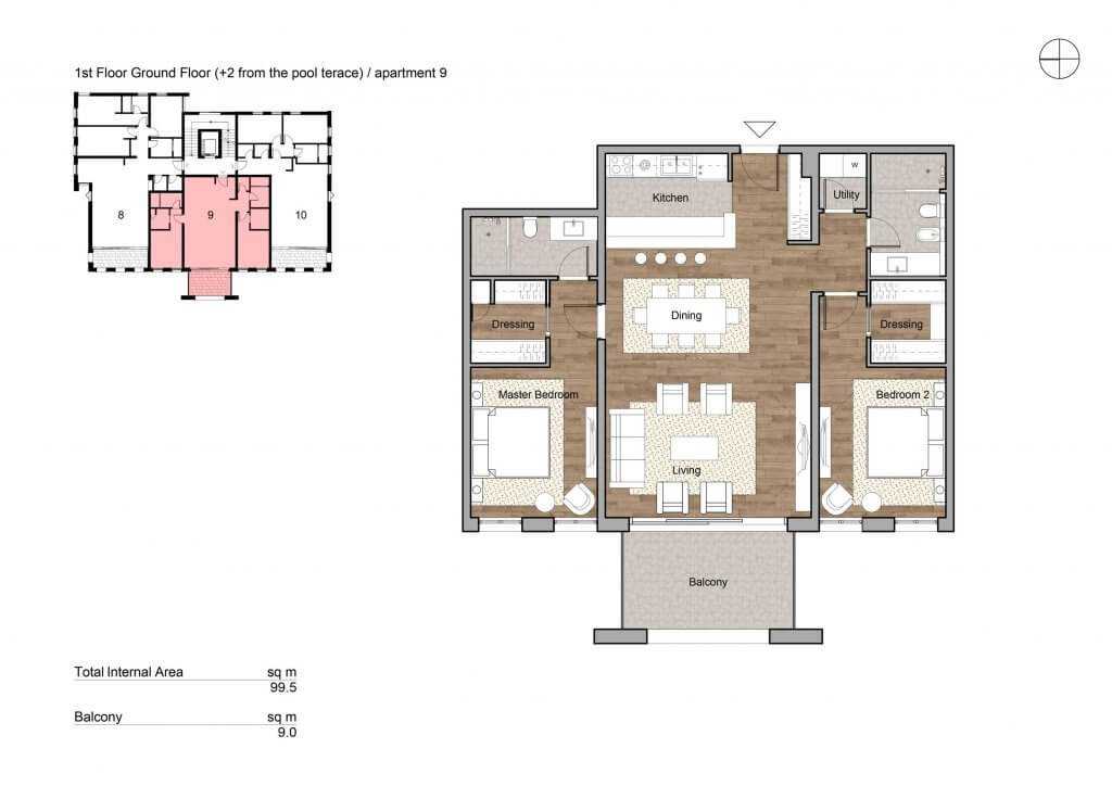 Layout of a 99.5 m² apartment with two bedrooms, a kitchen-living room, and a balcony in a residential complex, Tivat, Montenegro.