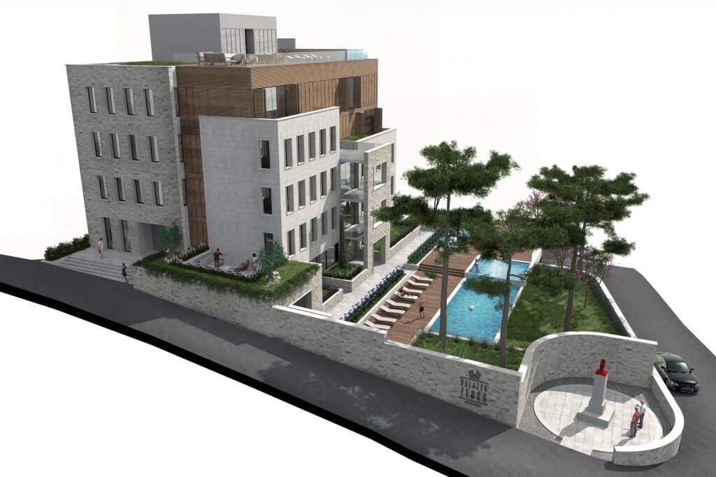 3D visualization of a residential complex in Tivat, Montenegro: a modern building with a swimming pool and landscaped grounds.