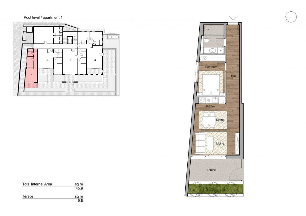 Apartment layout of 45.9 m² with a terrace in Tivat, Montenegro: bedroom, kitchen-living room, and bathroom at pool level.