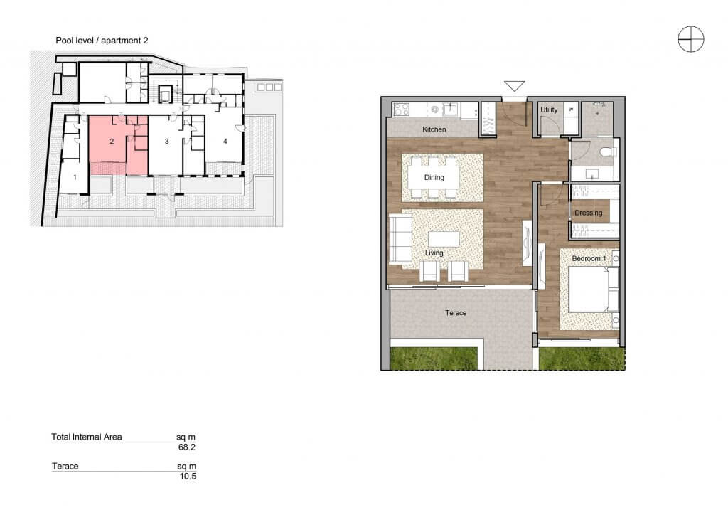 Apartment layout of 68 sq.m with a terrace in Tivat, Montenegro: kitchen, living room, bedroom with walk-in closet, and bathroom.