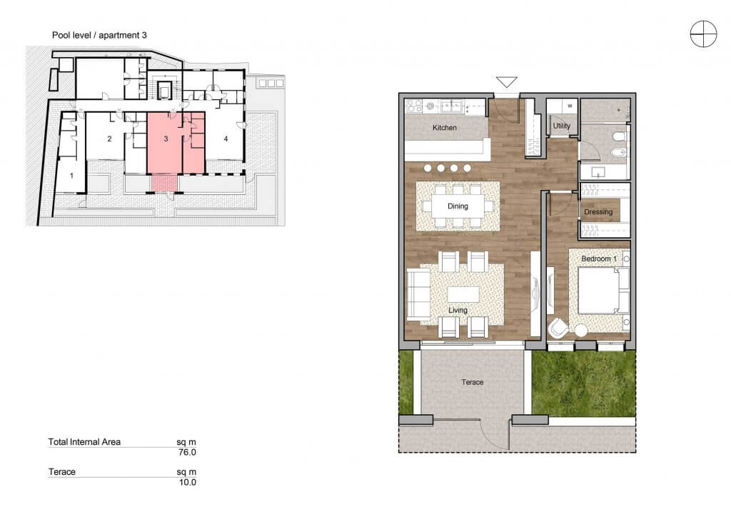 Apartment layout of 76 m² with a terrace in Tivat, Montenegro: kitchen-living room, bedroom, walk-in closet, and bathroom.