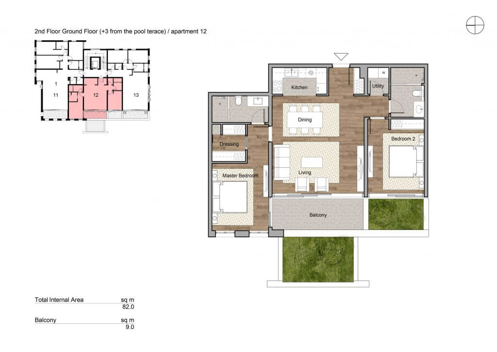 Floor plan of an 82 m² apartment with two bedrooms, a living room, and a balcony in a residential complex in Tivat, Montenegro.