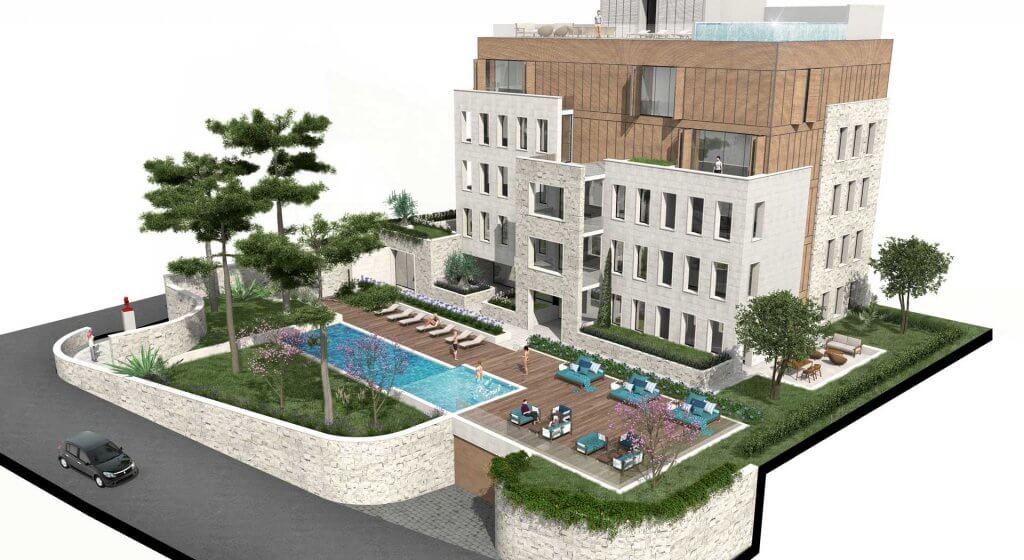 3D visualization of a residential complex in Tivat, Montenegro: a modern building with a pool, terrace, and landscaped garden.