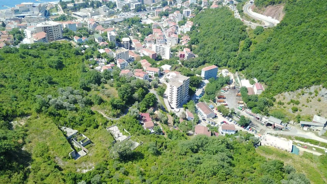 Aerial view of a coastal town with houses, green hills, and a winding road.