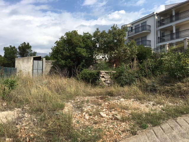 Building plot in Utjeha, Montenegro: view of the grounds with trees and a neighboring house.