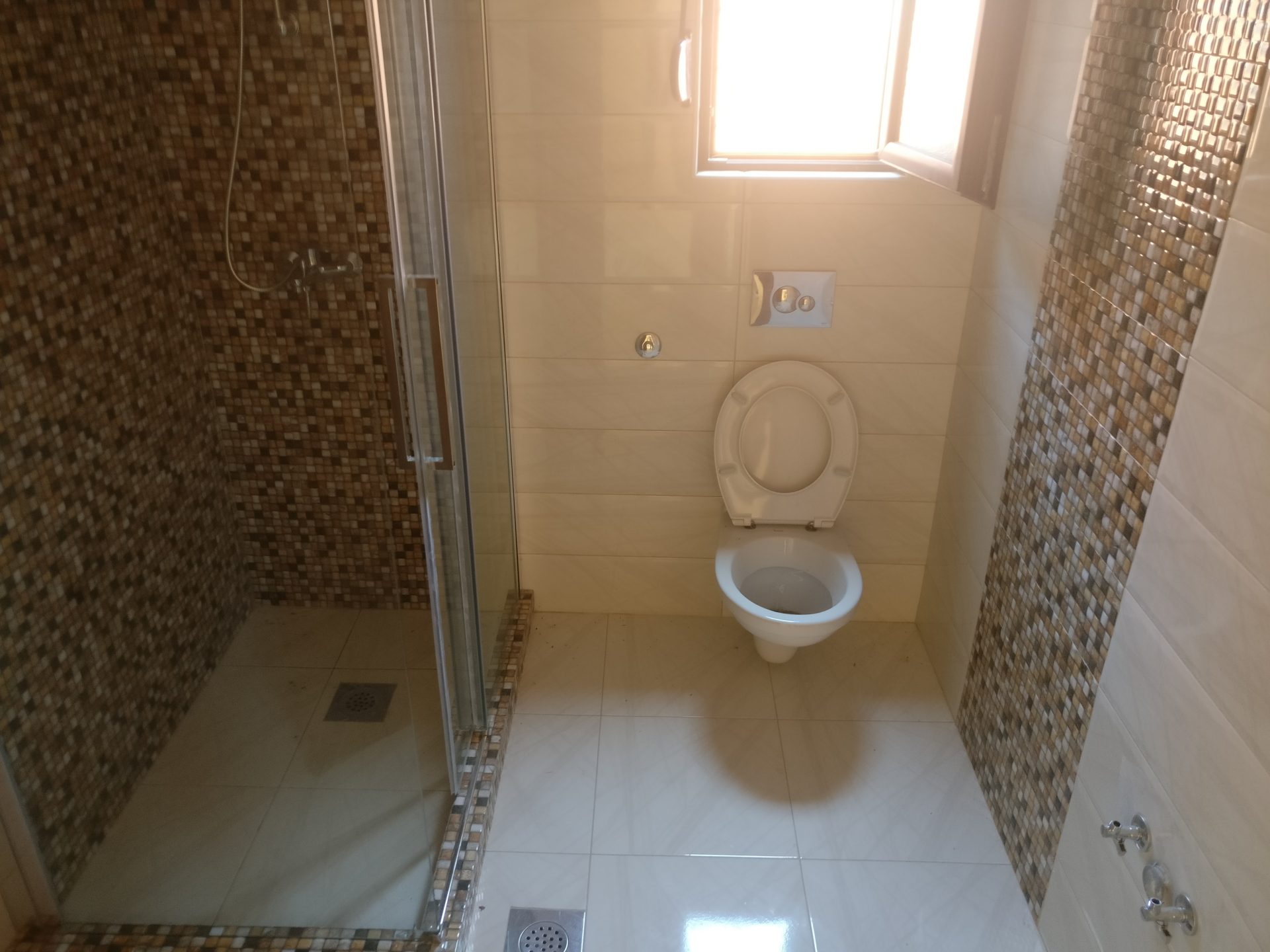 Modern bathroom with a shower cabin and wall-hung toilet in a house, Shushan, Montenegro.