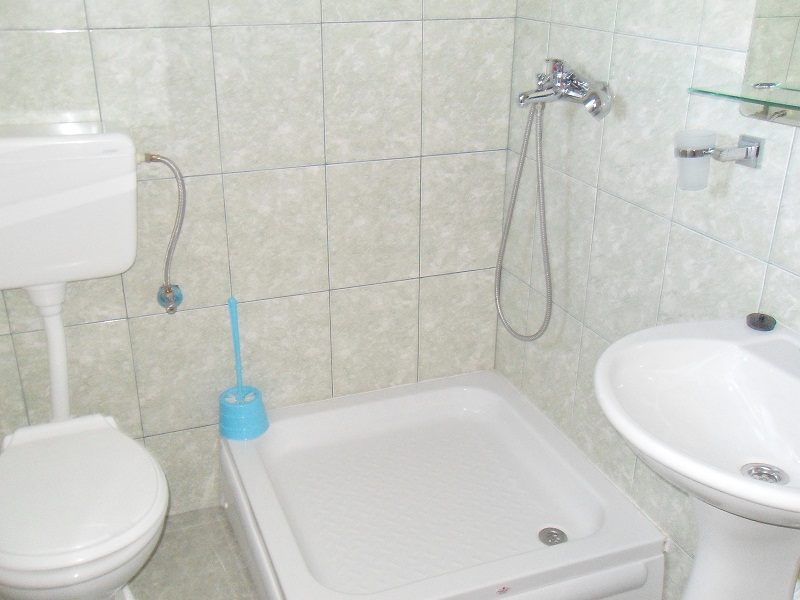Bathroom with shower cabin and light-colored tiles in a house for sale, Dobri Vody, Montenegro.