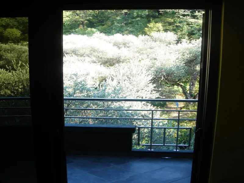 View from inside through a doorway onto a tiled balcony with a metal railing overlooking dense trees.