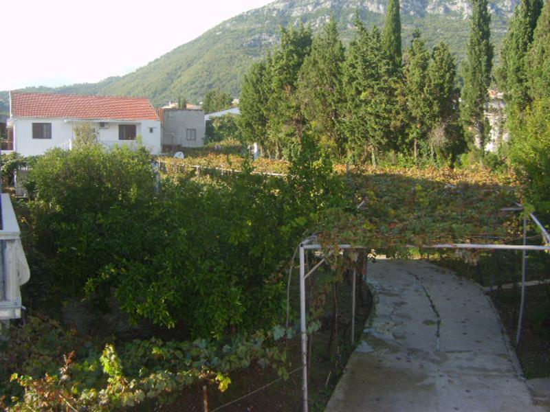 View of a private house in Shushan, Montenegro, with a well-kept garden, a grape pergola, and a mountain landscape in the background.