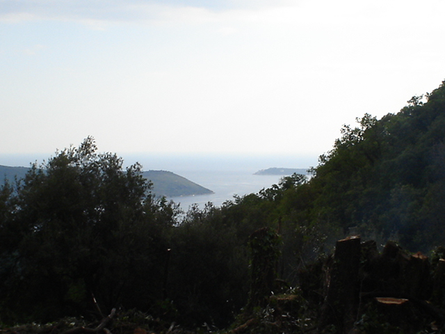Panoramic sea and mountain view from a plot of land in Herceg Novi, Montenegro, surrounded by lush greenery.