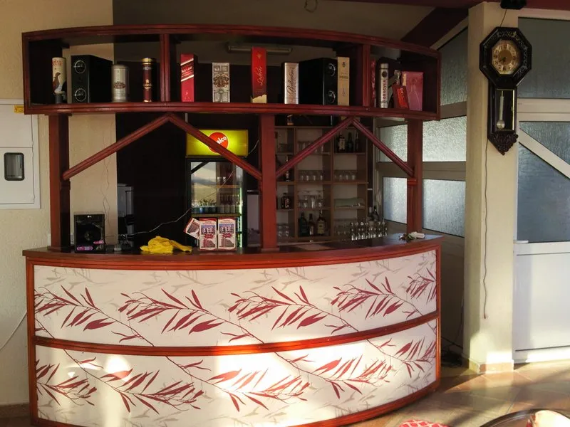 Wooden bar counter with red leaf pattern, shelves holding liquor bottles and glassware, a Pepsi branded mini fridge visible in the background.