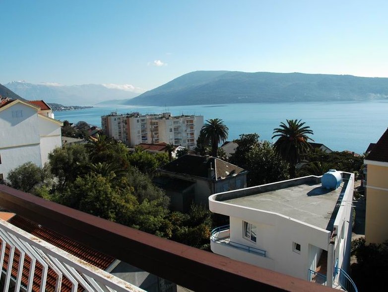 View from the balcony of a house in Herceg Novi, Montenegro: a panorama of the Bay of Kotor, mountains, palm trees, and city buildings.