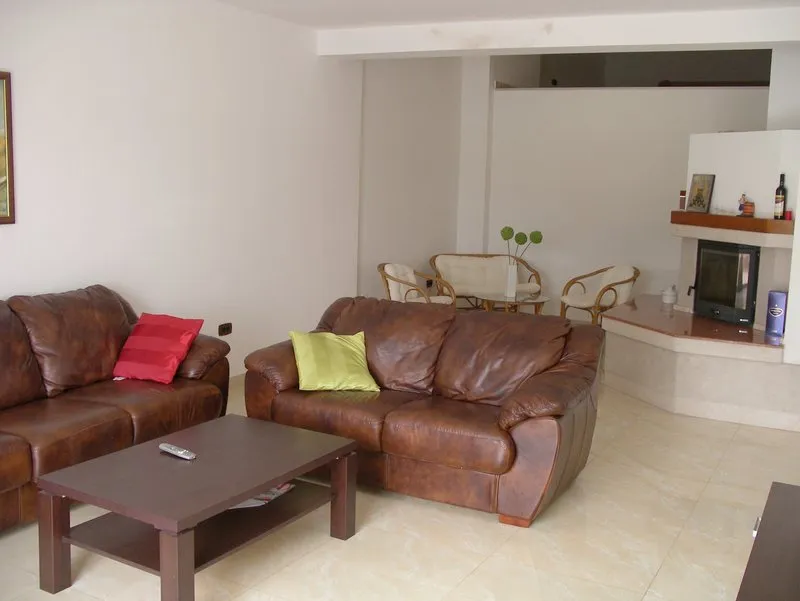 Living room with brown leather sofas, a wooden coffee table, and a fireplace in the background.