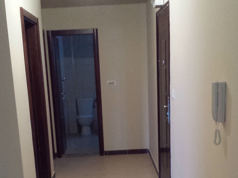 Hallway with a door to the bathroom in an apartment in Pržno, Montenegro: light walls, dark interior doors, and an intercom.