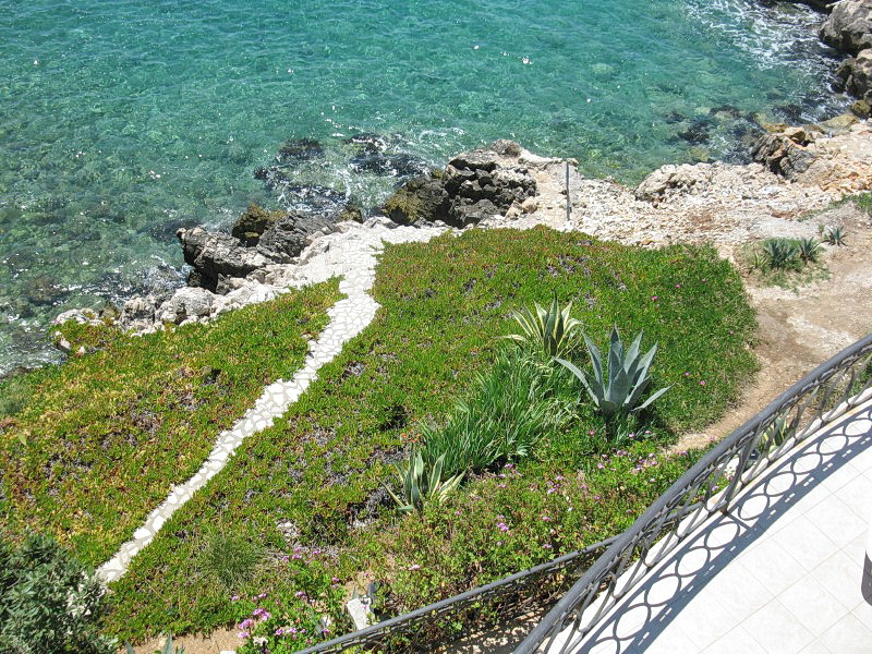 View from the villa terrace of the sea and rocky shore in Dobra Voda, Montenegro: a garden with agaves and a stone path.