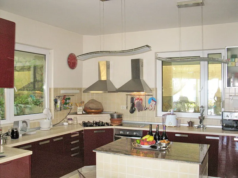 Modern kitchen with dark cabinets, a central island, dual stainless steel hoods, and appliances on counters.