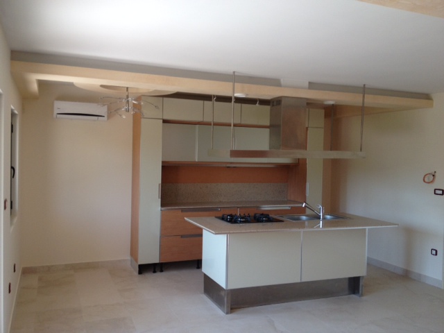 Modern kitchen with an island in an apartment in Budva, Montenegro: built-in appliances, light-colored cabinetry, and air conditioning.