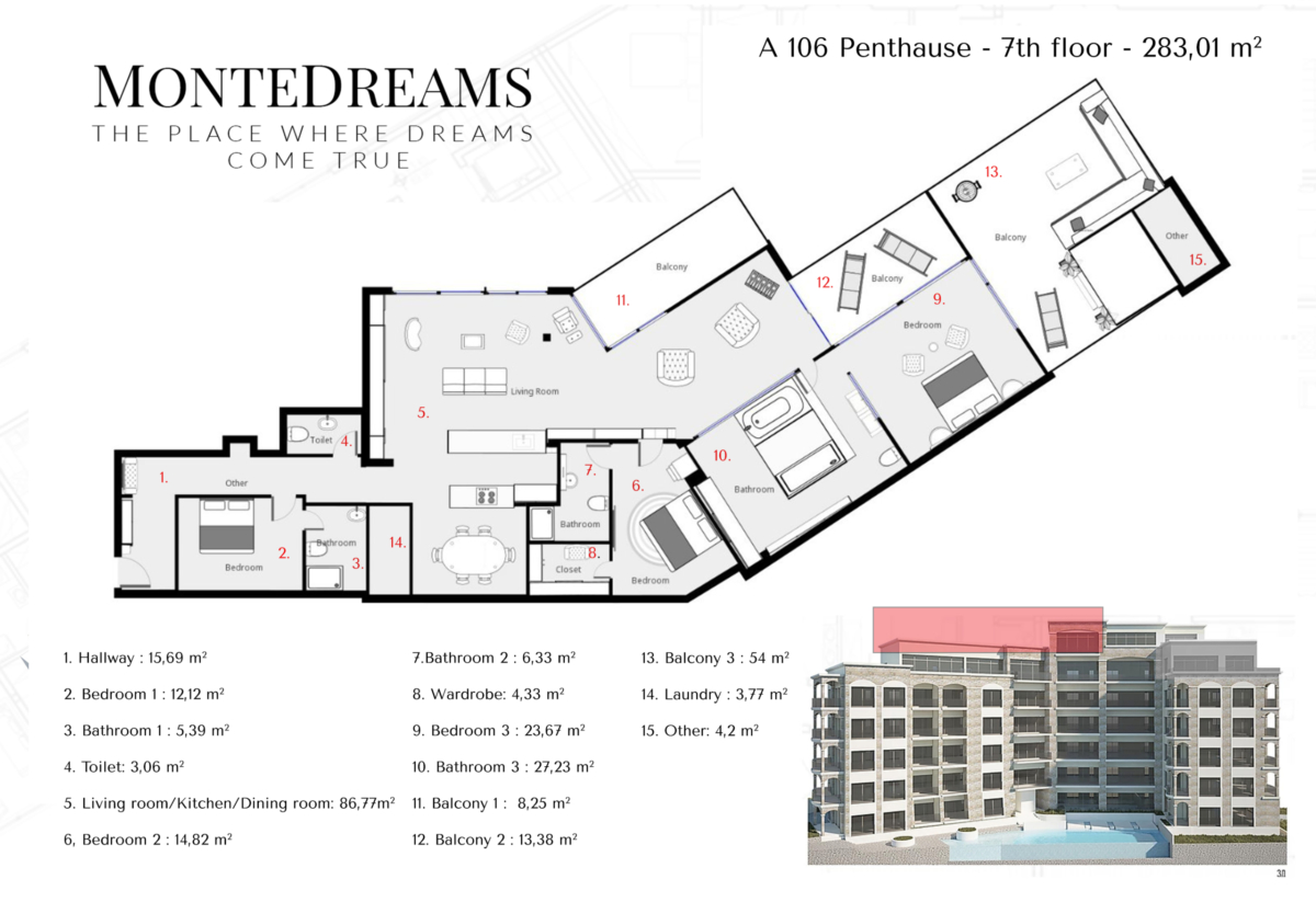 Penthouse layout of 283 m² in MonteDreams, Bečići, Montenegro: 3 bedrooms, a spacious living room, and three balconies.