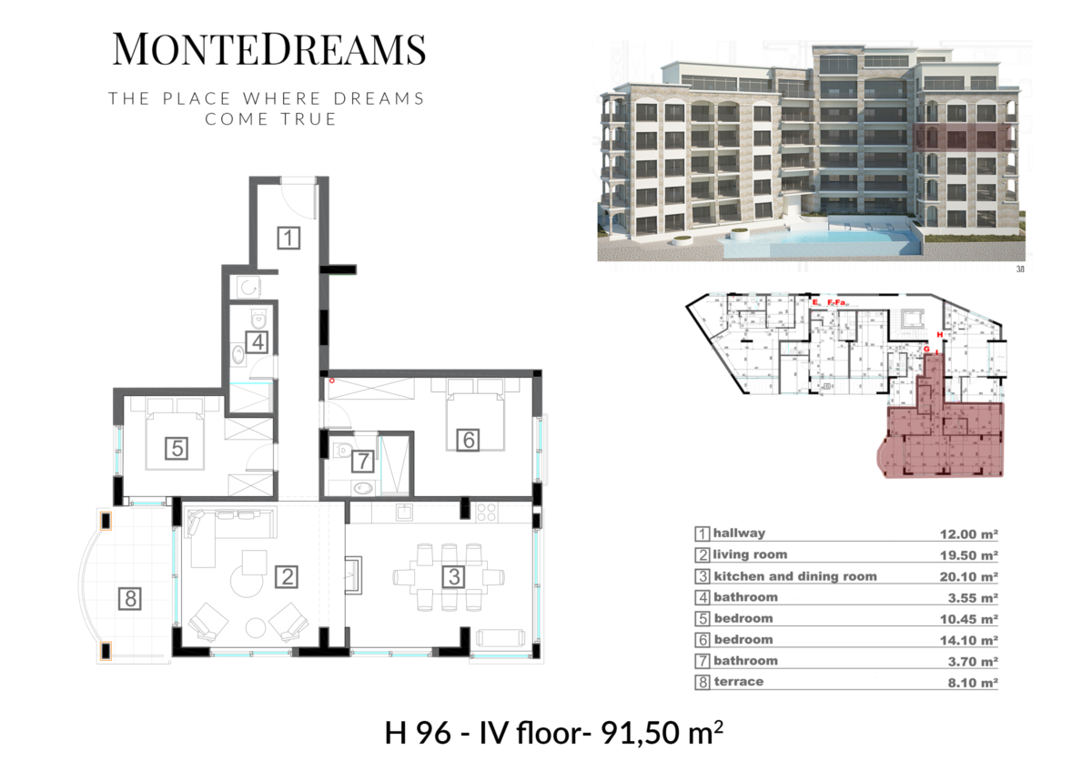 Apartment layout of 91.5 m² in MonteDreams, Becici, Montenegro: two bedrooms, living room, kitchen, and a terrace on the 4th floor.