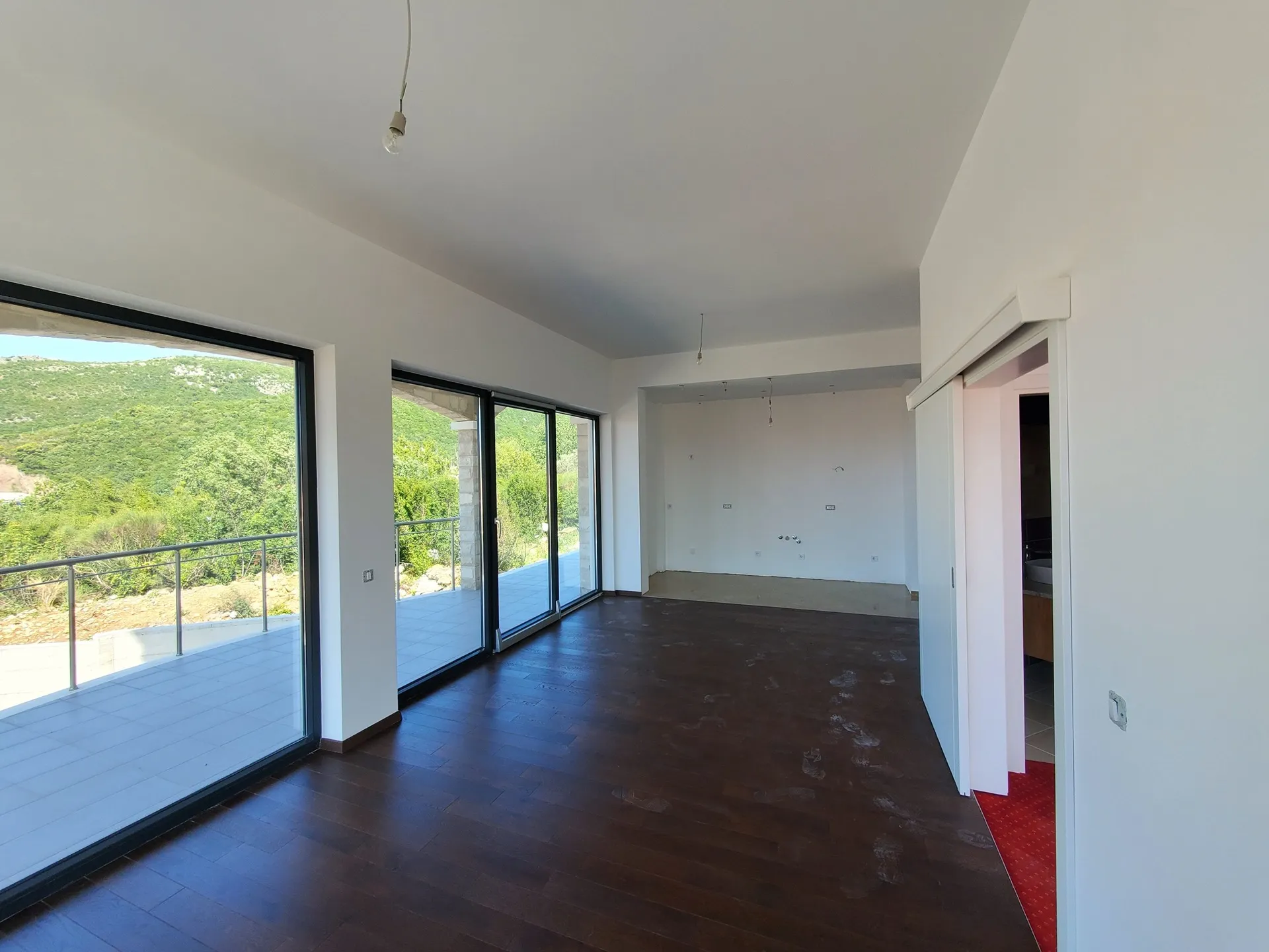 Empty room with dark wood flooring and large sliding glass doors opening to a balcony overlooking green hills.