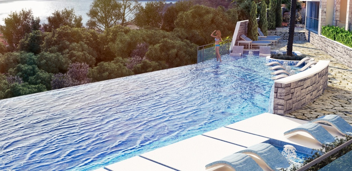 Infinity pool with sea view in the MonteDreams residential complex, Becici, Budva Riviera, Montenegro.