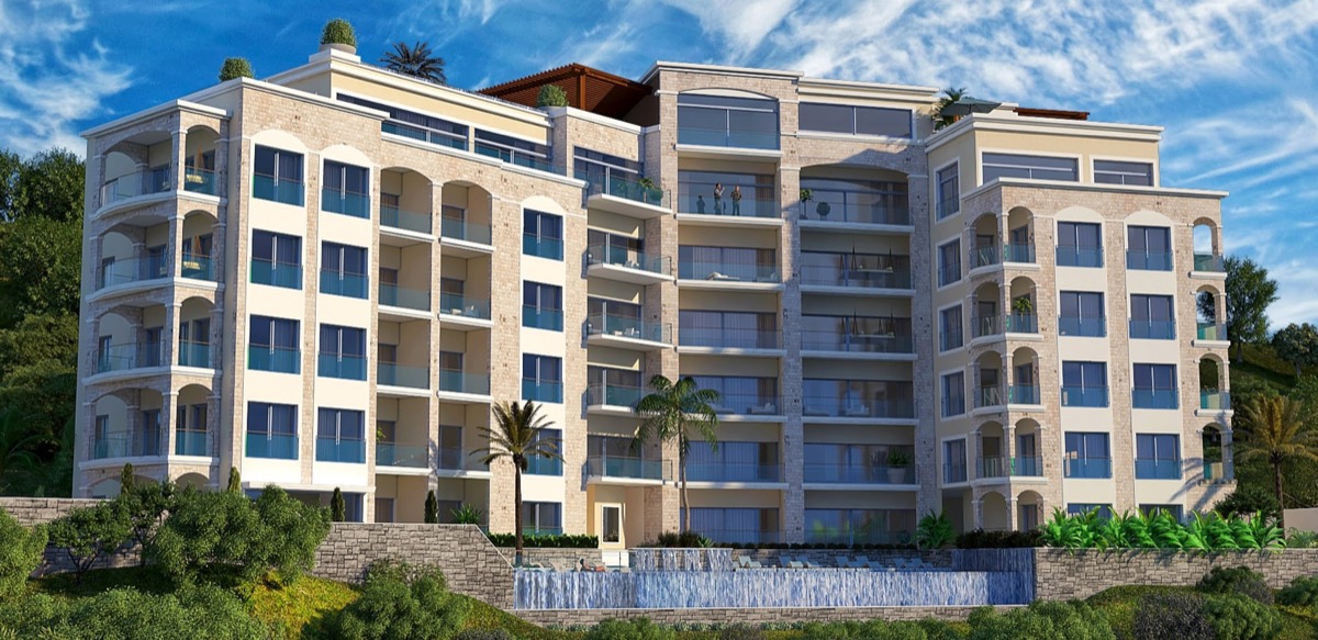 Modern residential complex MonteDreams in Bečići, Budva Riviera, Montenegro, with a swimming pool and terraces.