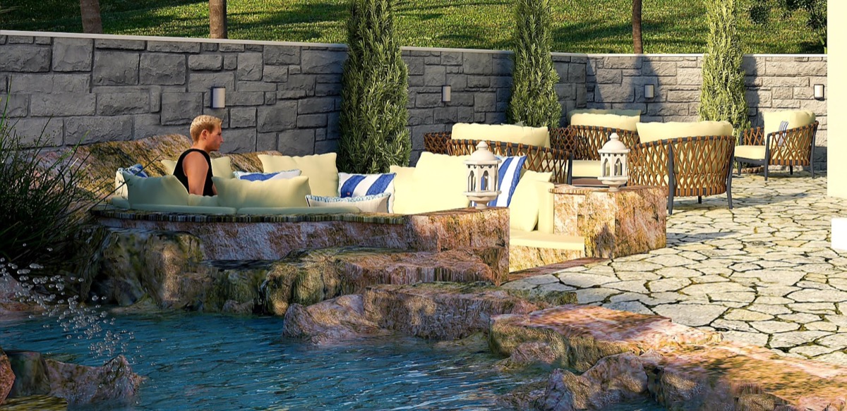 Relaxation area with a pond and wicker furniture in MonteDreams residential complex, Becici, Budva Riviera, Montenegro.