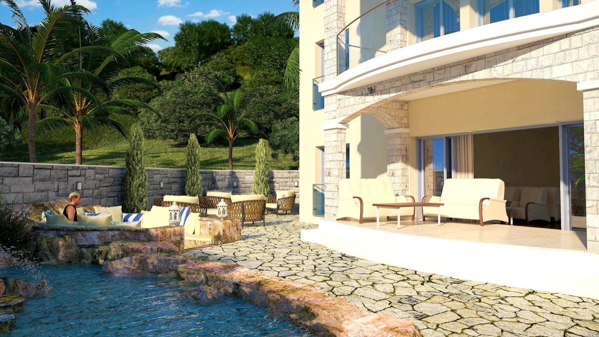 Terrace with a swimming pool and lounge area in the MonteDreams residential complex, Becici, Budva Riviera, Montenegro.