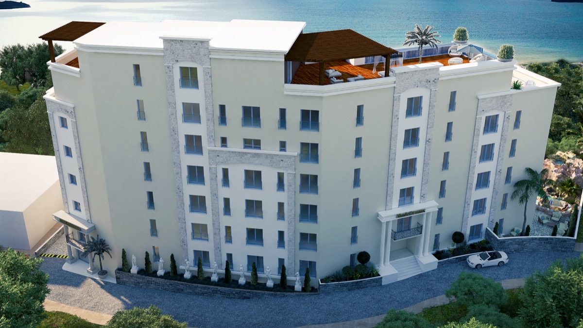 MonteDreams residential complex in Bečići, Montenegro: view of the building with a rooftop terrace and pool.