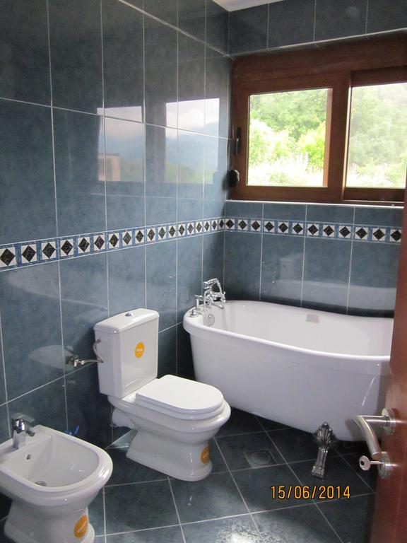 Bathroom with blue tiles, a freestanding bathtub, and a bidet in a house on the Bar Riviera, Montenegro.