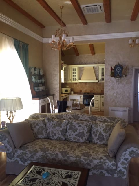 Living room with classic furniture and kitchen in a house in Zelenika, Montenegro: a cozy interior with wooden beams.