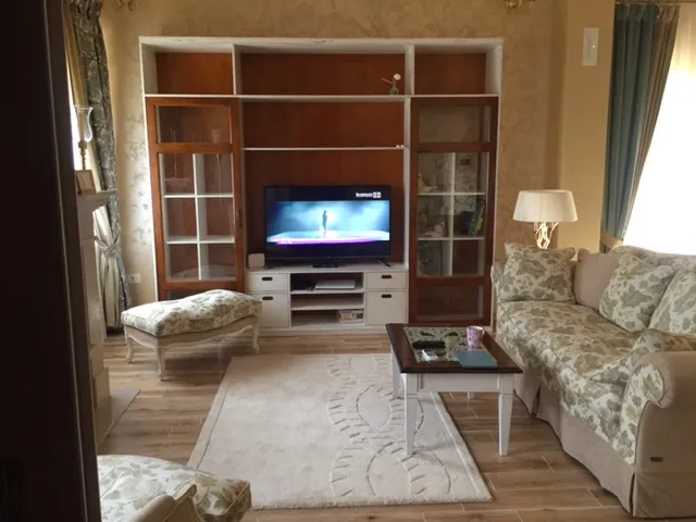 Living room featuring a floral sofa, TV unit with wooden cabinets, coffee table, and area rug.