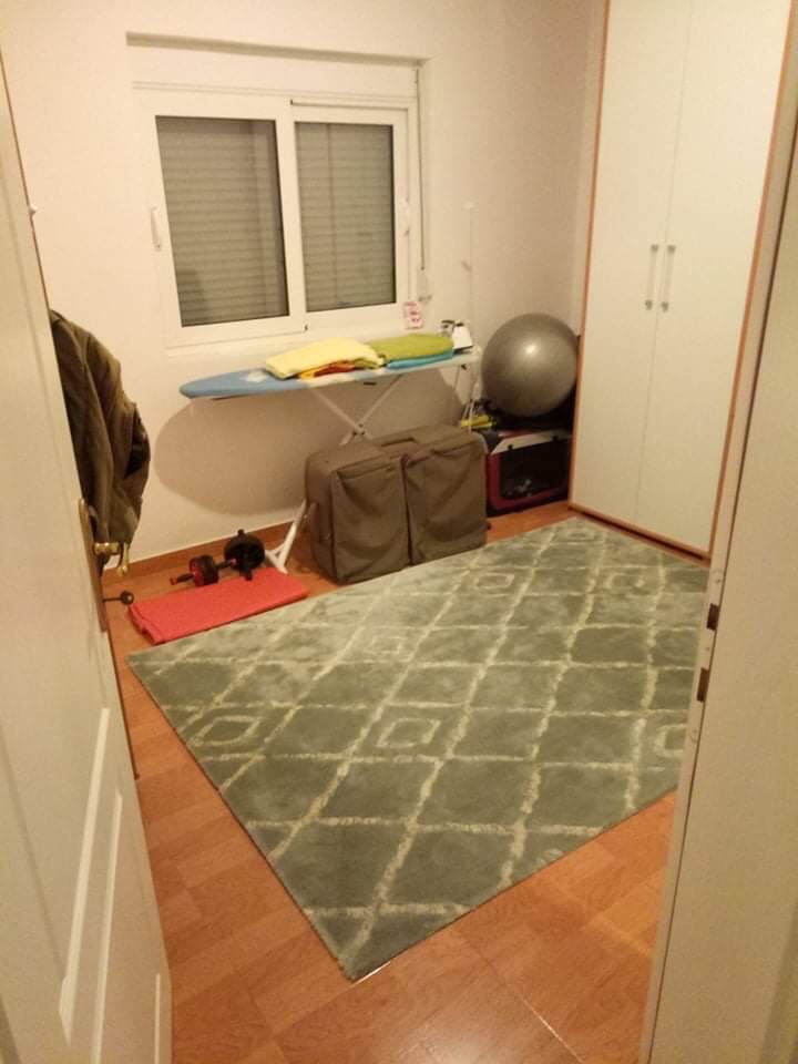 A small room with a white wardrobe and a rug in a house in Shushan, Montenegro. Inside are an ironing board and sports equipment.