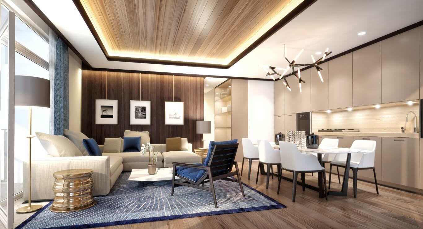 Modern living room with kitchen in a luxury apartment, Tivat, Montenegro: designer interior, light furniture and decor.