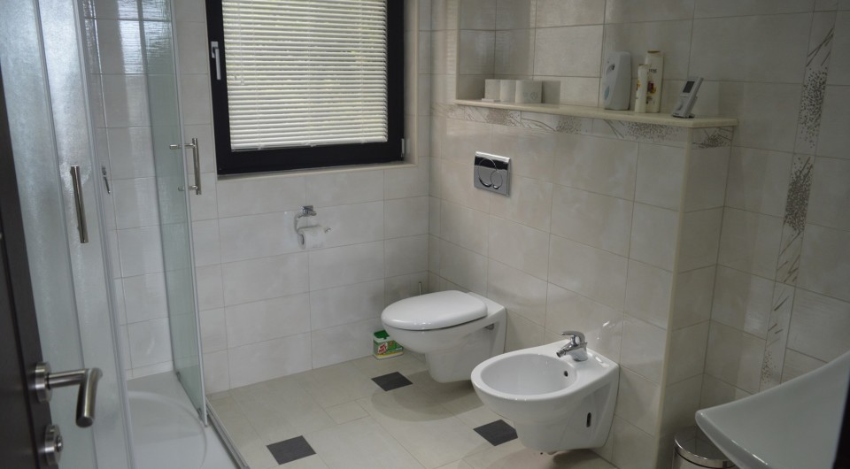 Modern bathroom with a shower cabin and bidet in a villa in Tivat, Montenegro, light tiles and high-quality plumbing fixtures