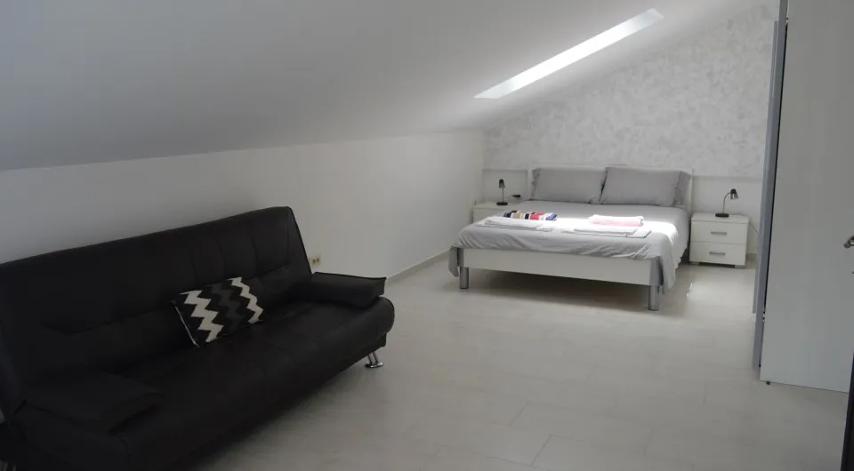 Bedroom featuring a white bed, black sofa, sloped ceiling with a skylight window.