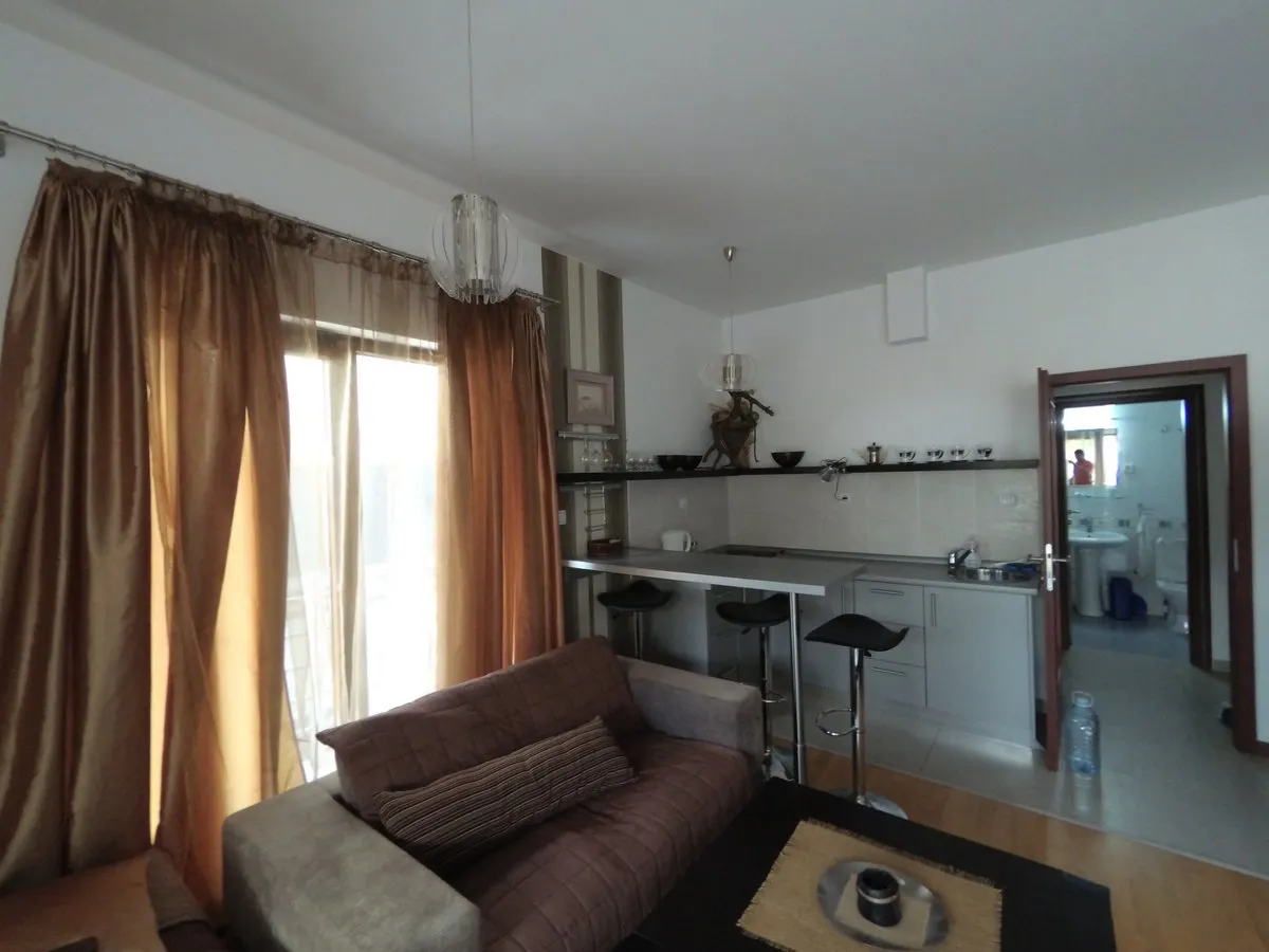 Living room with brown sofa and coffee table, open kitchen with bar stools, and doorway to bathroom.
